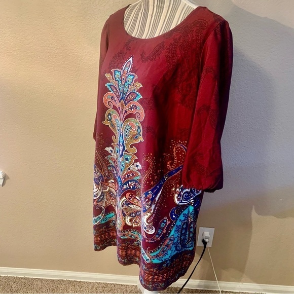NEW Boho Dress XL BeBop Burgundy Multicolored Mandala pattern Mini Dress 1/2 Slv - Picture 6 of 16